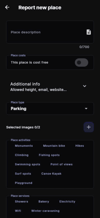 Nomadgem add-place form for details, photos, services, and activities.