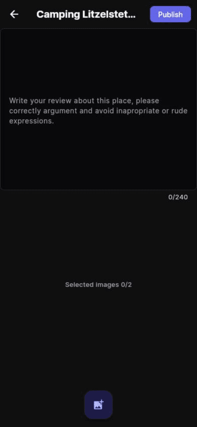 Nomadgem review composer with text and image upload controls.