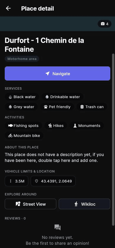 Nomadgem place details with services, activities, facts, navigation, and reviews.