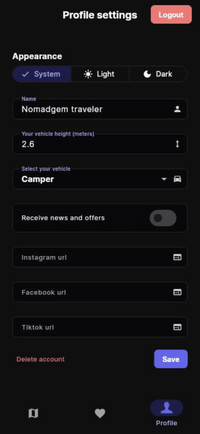 Nomadgem profile settings for vehicle type, vehicle height, and account details.
