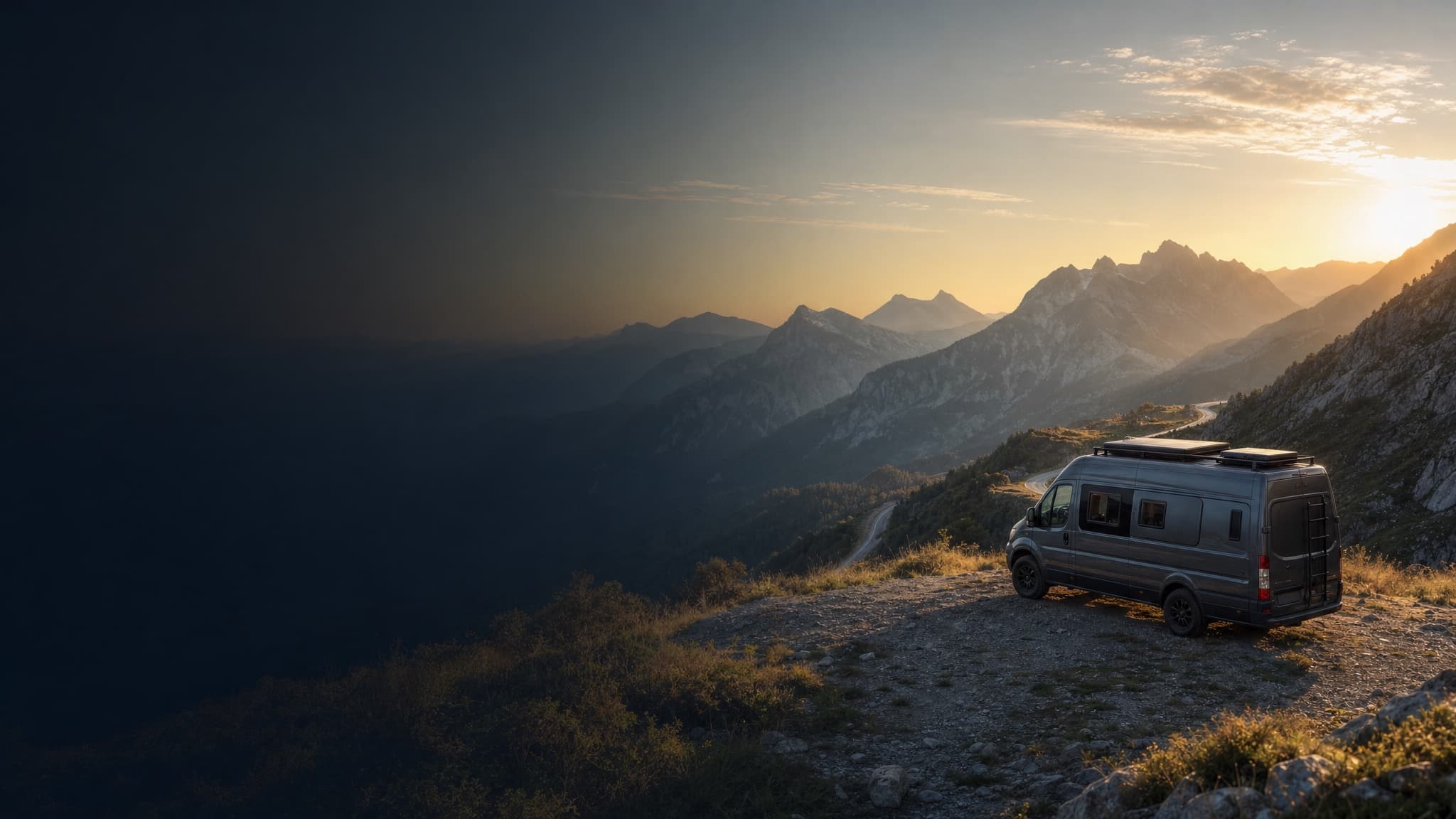 Camper van overlooking a remote mountain panorama
